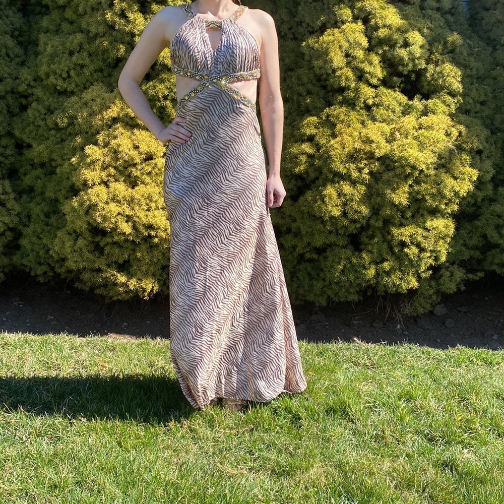 Dave & Johnny animal print embellished gown 0